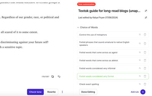 Effortless writing guidelines automation with Textok: ensuring tone consistency with one click